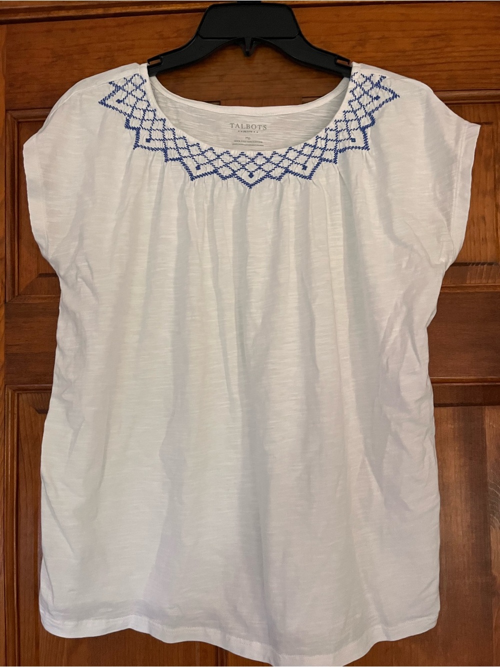 Talbots White Short-Sleeve Scoop Neck Top with Blue Embroidery